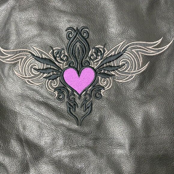 UNIK WOMENS LEATHER JACKET Cafe Moto Zip In Hoodie Purple Black Embroidered 5X - Picture 4 of 9